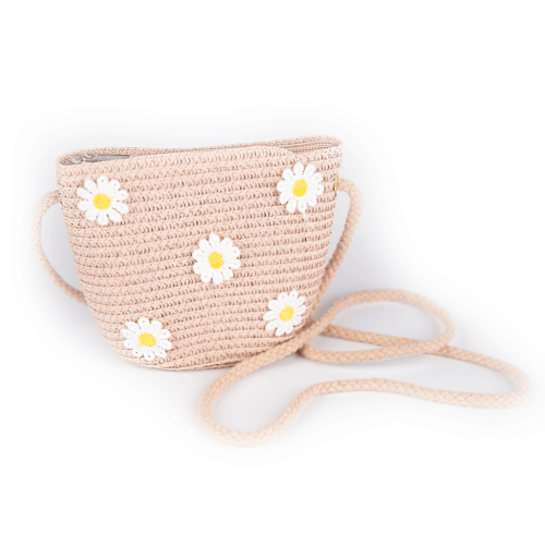 Busy Lizzie Straw bag ljusrosa med långt axelband och blomdetaljer