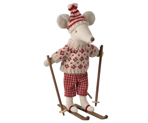 Maileg - Vintermus med Skidor och stavar - Mamma - Röd