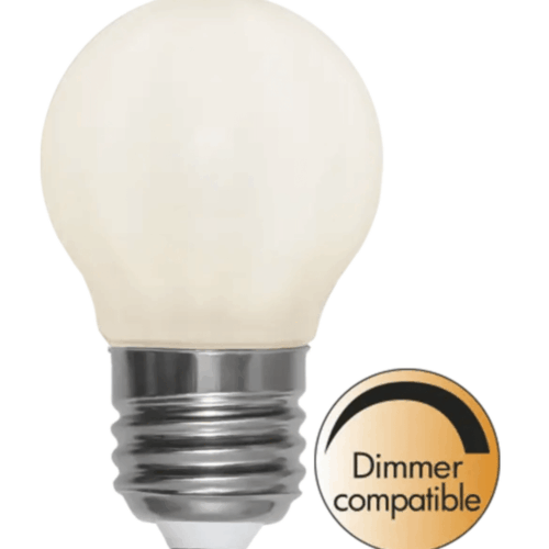 Dimbar LED-lampa E27 G45 med opalt glas och varmvit ljusfärg 2700K, hög färgåtergivning RA90, energieffektiv klotlampa för inomhusbruk