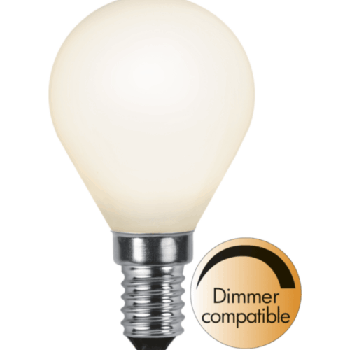 "LED-lampa E14 P45 med opalt glas och filamentdesign, varmvit 2700K, hög färgåtergivning RA90, dimbar och energieffektiv belysning