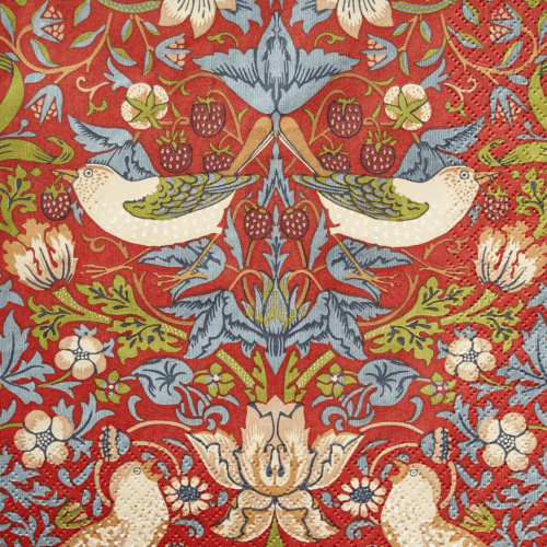 Röd W. Morris Strawberry Thief lunchservett med detaljerat fågel- och jordgubbsmönster i klassisk design.