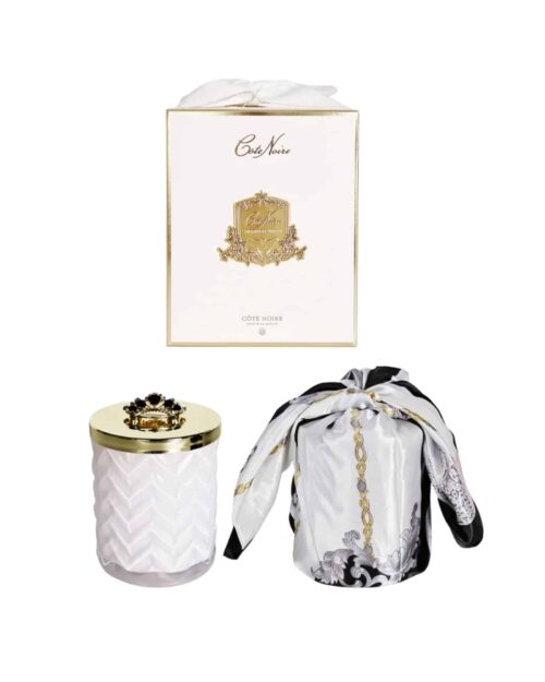 Herringbone Doftljus Prosecco – Vit & Guld med Scarf lock med krona