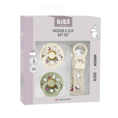 BIBS Moomin Presentset Napp + Klämma med ögla - Ivory/Sage