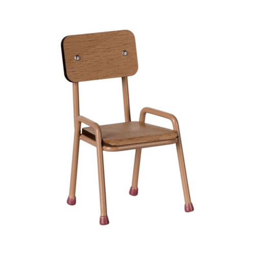 Mörk puderfärgad miniatyrstol i trä och metall för Maileg-musfigurer med handmålade detaljer.